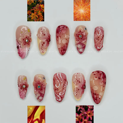 Crimson Bloom Fairy - Enchanted 3D Floral Jelly Handmade Press-on Nails