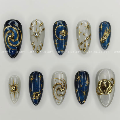 Cosmic Black Hole - Christmas Collection 2026 Midnight Navy Blue and Silver Cat-Eye Press-On Nails with 3D Gold Saturn, Galaxy Swirls, and Celestial Stars