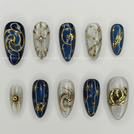 Cosmic Black Hole - Christmas Collection 2026 Midnight Navy Blue and Silver Cat-Eye Press-On Nails with 3D Gold Saturn, Galaxy Swirls, and Celestial Stars