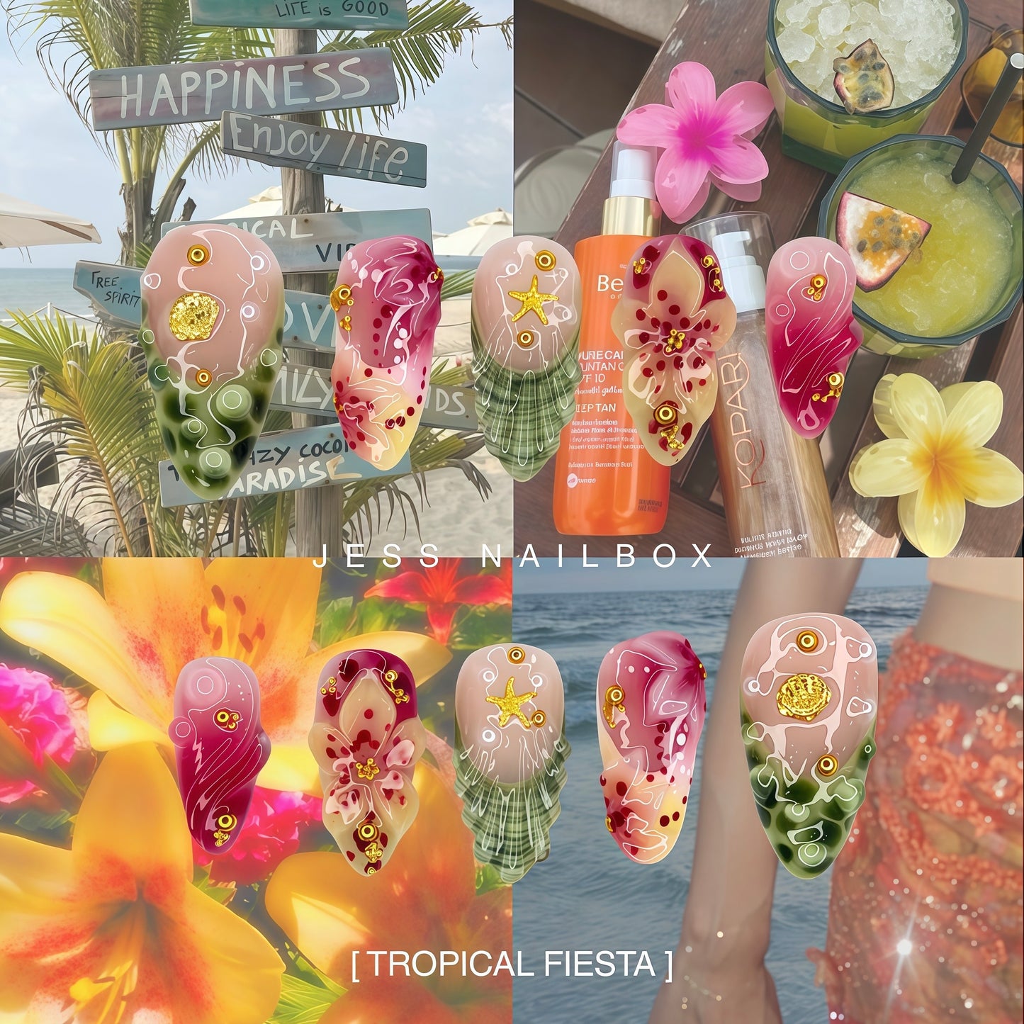 Tropical Fiesta - Handcrafted Summer Press-On Nails Set Styled Against Beachside and Passionfruit Cocktail Aesthetics