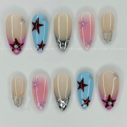 Starlight Y2K - Baby Blue and Aura Pink Press-On Nails with Silver Metallic Star Art and Piercing Stud Accents