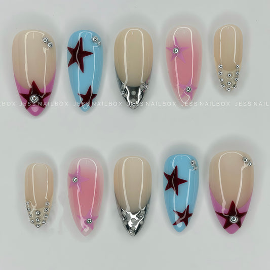 Starlight Y2K - Baby Blue and Aura Pink Press-On Nails with Silver Metallic Star Art and Piercing Stud Accents