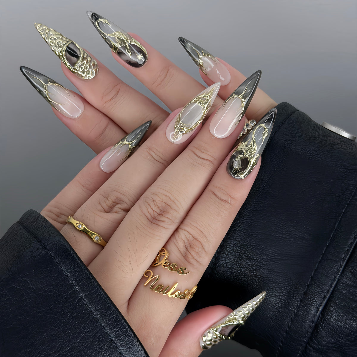 Draconic - Luxury Stiletto Press-On Nails Featuring Gold Dragon Skin Texture and Celestial Accents