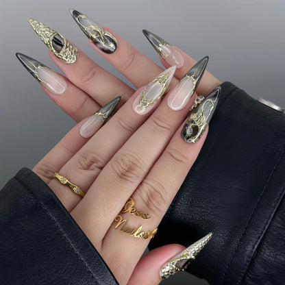 Draconic - Luxury Stiletto Press-On Nails Featuring Gold Dragon Skin Texture and Celestial Accents