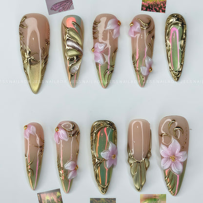 Enchanted Bayou Princess - Fairycore Sage Green 3D Floral Handmade Press-on Nails