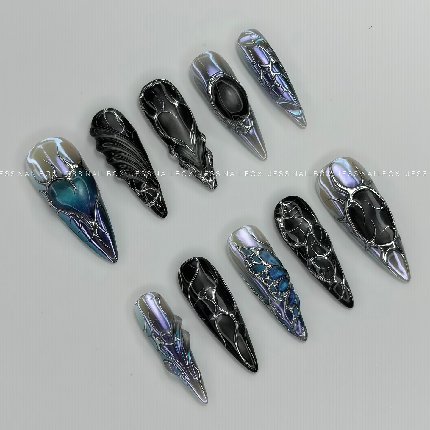 Cyber Eclipse Silver Chrome - Dark Futuristic Handmade Press-on Nails