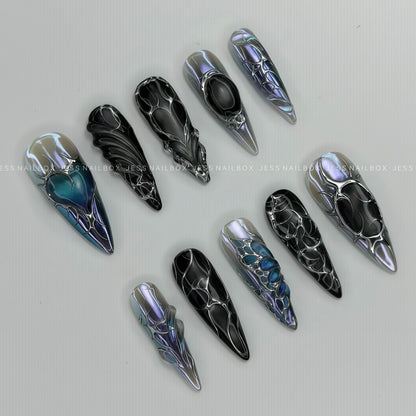 Cyber Eclipse Silver Chrome - Dark Futuristic Handmade Press-on Nails
