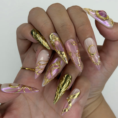 The Lost Princess - Royalcore Pink Aurora & Gold Chrome Handmade Press-on Nails