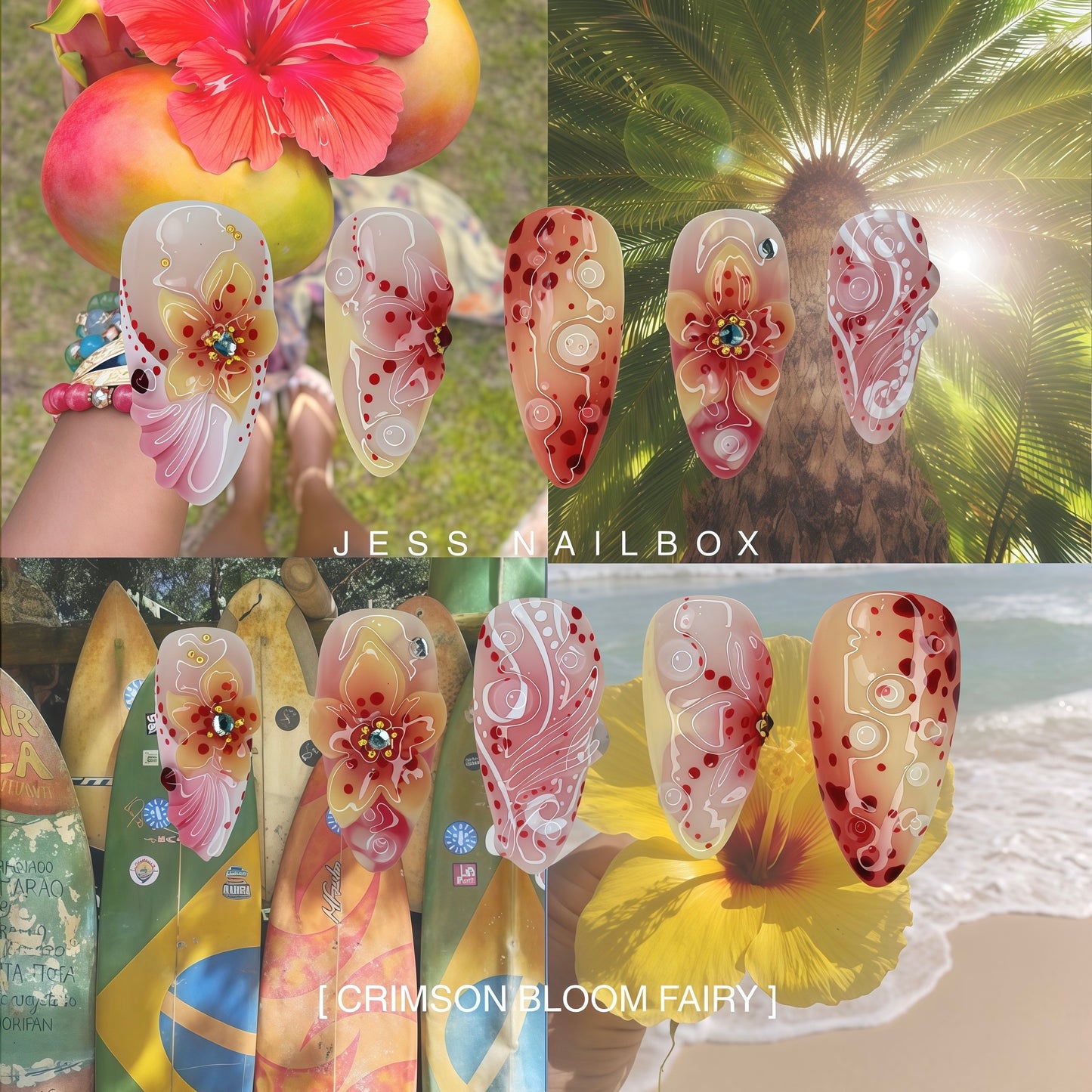 Crimson Bloom Fairy - Ethereal Summer Press-On Nails Set Styled Against Tropical Beach, Palm Trees, and Hibiscus Flower Backgrounds
