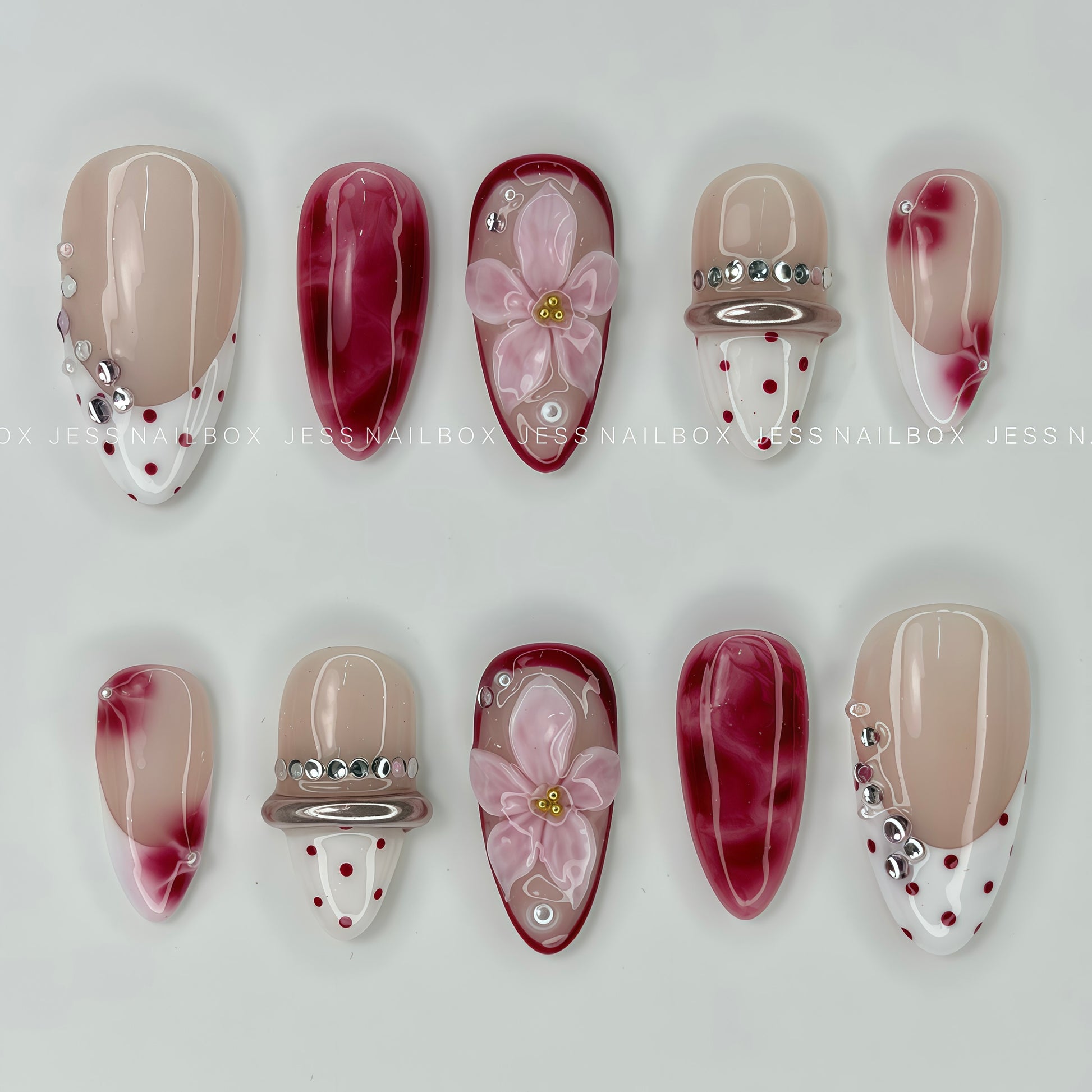 Bordeaux Flora - Deep Burgundy Marble Press-On Nails with 3D Sculpted Flower and Pearl Rhinestone Ring Details