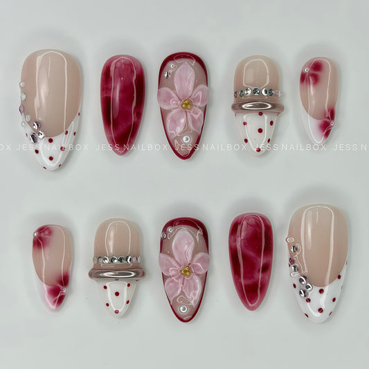 Bordeaux Flora - Deep Burgundy Marble Press-On Nails with 3D Sculpted Flower and Pearl Rhinestone Ring Details