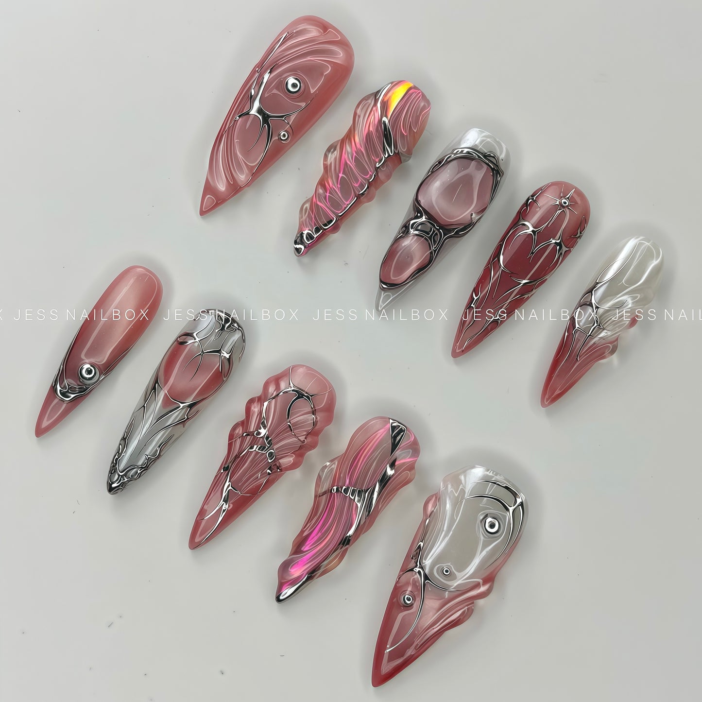 Pink Nebula - Handcrafted Y2K Cyberpunk Press-On Nails Set with Iridescent Metallic Stars and Cat-Eye Base