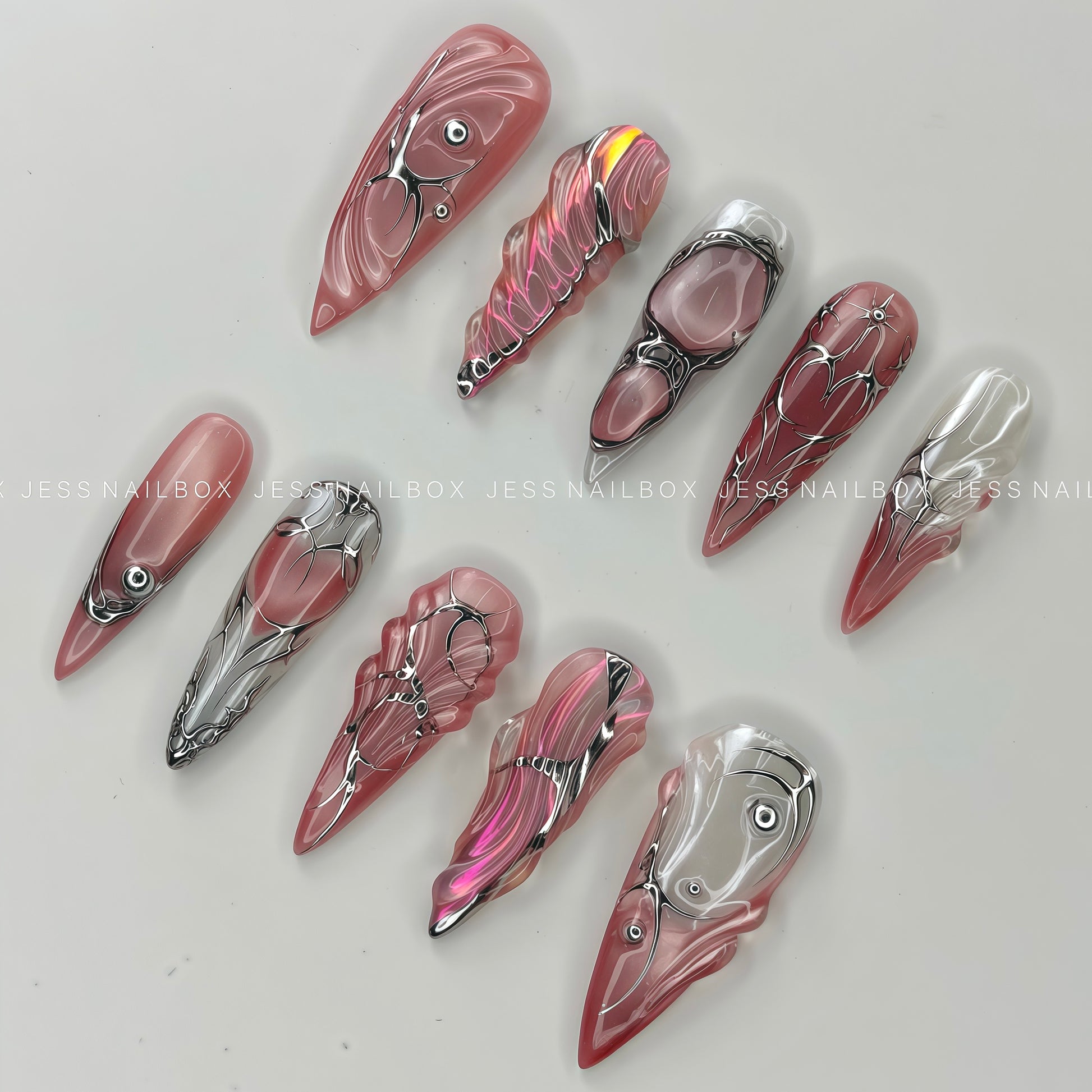 Pink Nebula - Handcrafted Y2K Cyberpunk Press-On Nails Set with Iridescent Metallic Stars and Cat-Eye Base