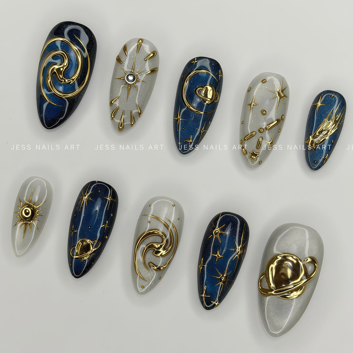 Cosmic Black Hole - Handcrafted Cosmic Galaxy Press-On Nail Set Displayed at an Angle Showing 3D Gold Chrome Planets and Constellations