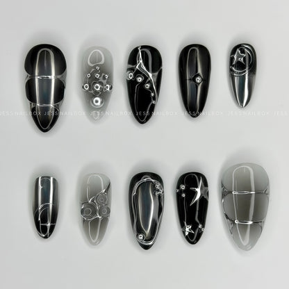 Astral Goth Eclipse - Dark Cosmic Aura Silver Metallic Handmade Press-on Nails
