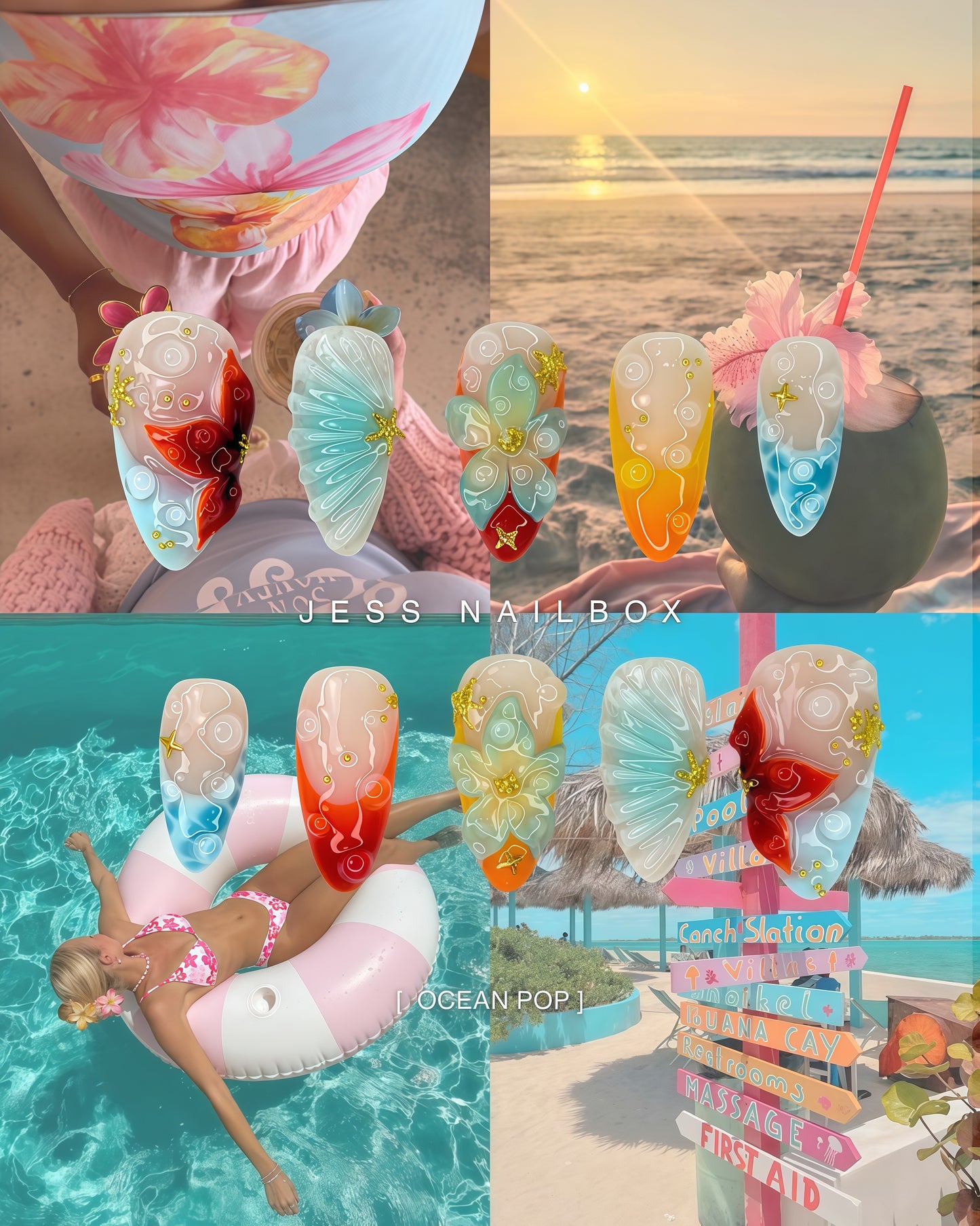 Ocean Pop - Summer Press-On Nails with 3D Sculpted Seashell Texture, Clear Gel Tropical Flower, and Water Ripple Art