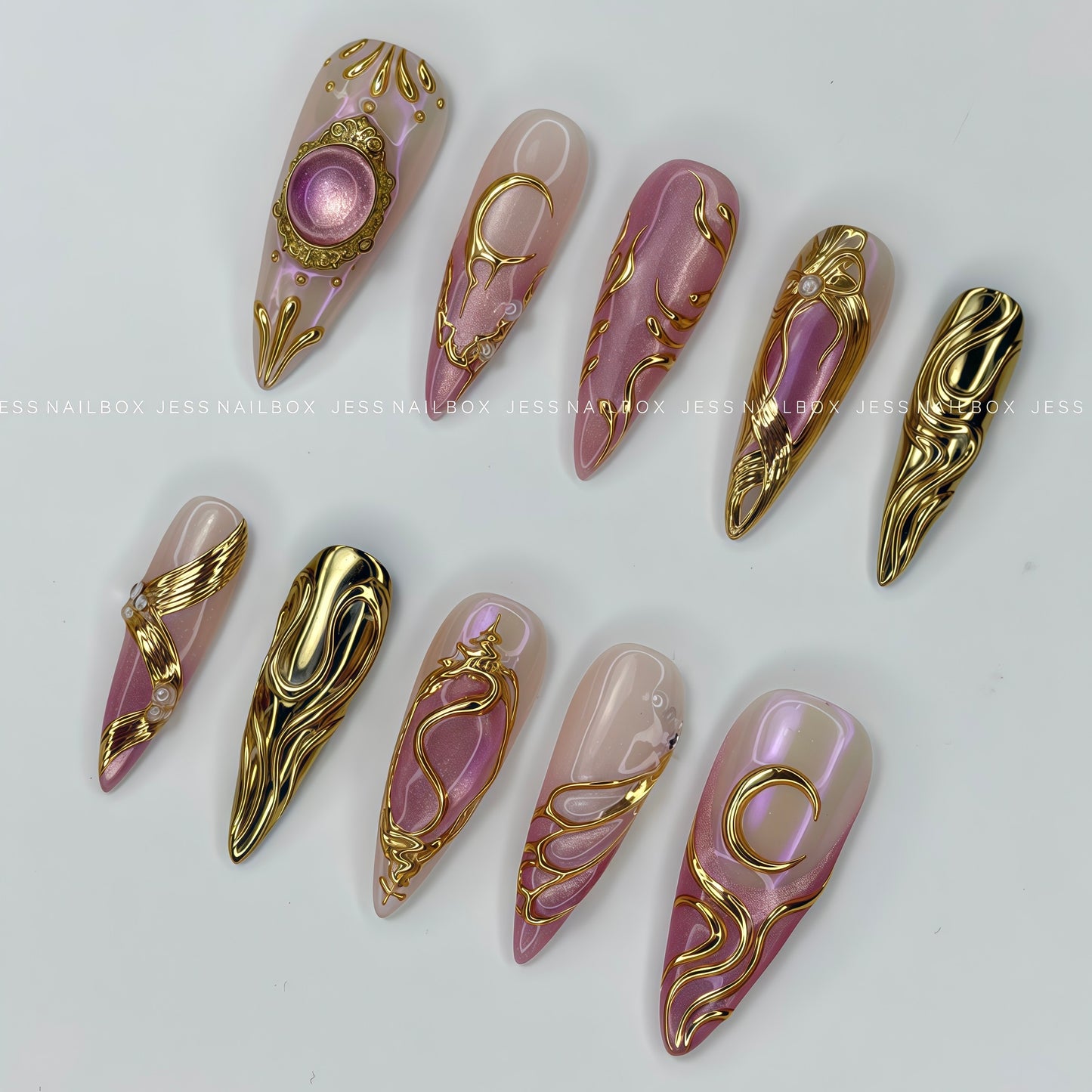 The Lost Princess - Royalcore Pink Aurora & Gold Chrome Handmade Press-on Nails