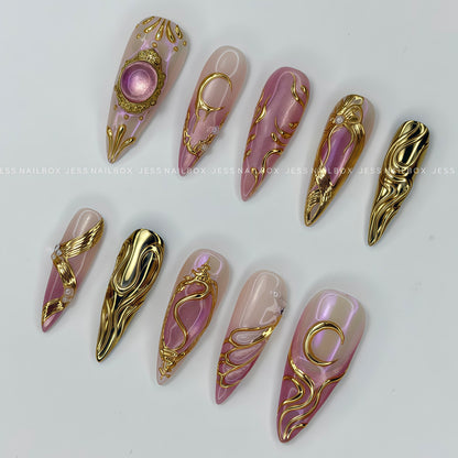 The Lost Princess - Royalcore Pink Aurora & Gold Chrome Handmade Press-on Nails