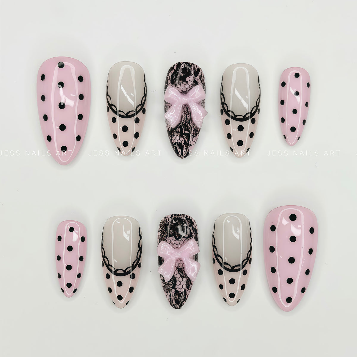 Dotty Darling - The Dot Edit Collection Soft Pink and Black Polka Dot Press-On Nails with Black Vintage Lace and 3D Pink Ribbon Bow