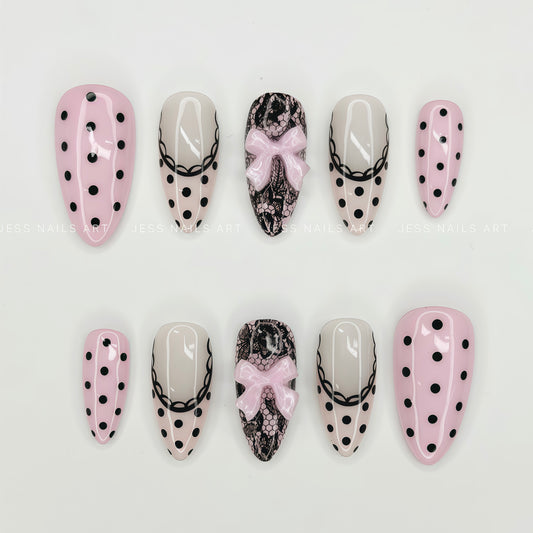 Dotty Darling - The Dot Edit Collection Soft Pink and Black Polka Dot Press-On Nails with Black Vintage Lace and 3D Pink Ribbon Bow
