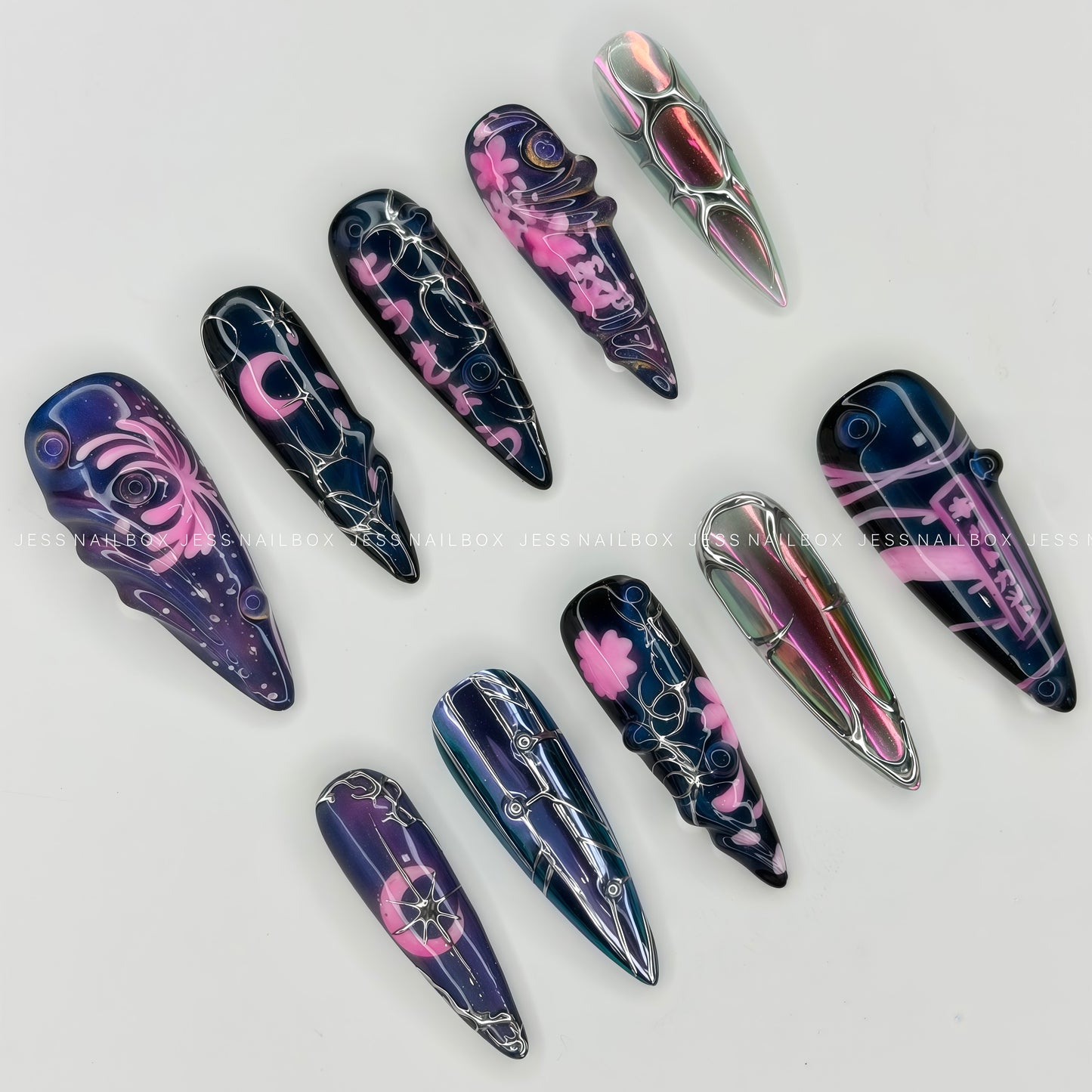 Handcrafted Cyberpunk Long Stiletto Gel Nails featuring Iridescent Chrome and Neon Pink Accents⁠