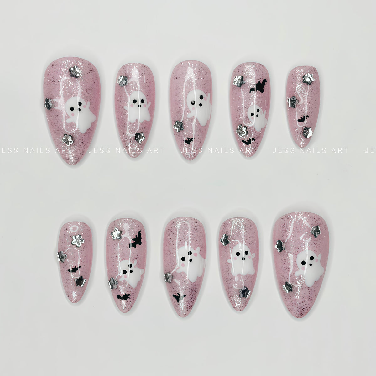 Sweet Spectre - Spooky Season Collection Shimmer Pink Press-On Nails with Cute Hand-Painted White Ghosts, Black Bats, and 3D Silver Flowers
