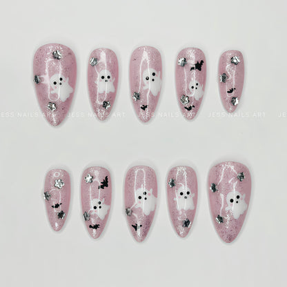 Sweet Spectre - Spooky Season Collection Shimmer Pink Press-On Nails with Cute Hand-Painted White Ghosts, Black Bats, and 3D Silver Flowers