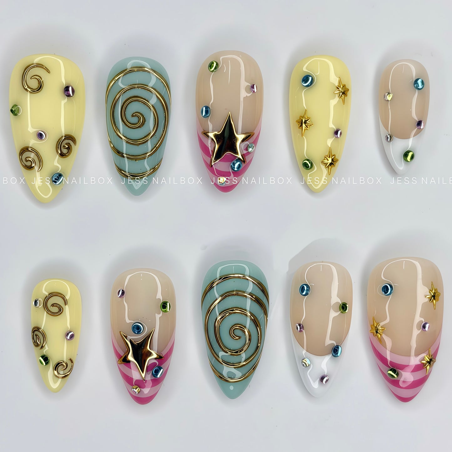 Cosmic Carnival - Butter Yellow and Pastel Teal Press-On Nails with 3D Gold Chrome Swirls and Colorful Gem Accents