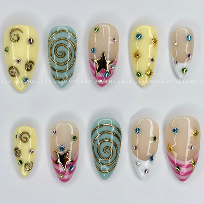 Cosmic Carnival - Butter Yellow and Pastel Teal Press-On Nails with 3D Gold Chrome Swirls and Colorful Gem Accents