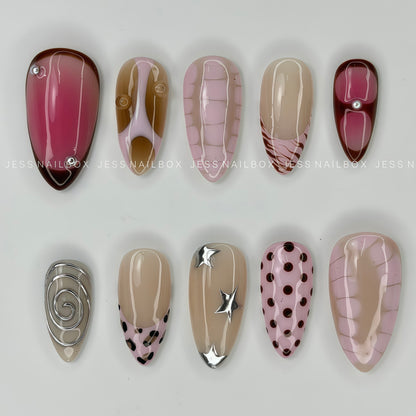 Vixen Y2K - Pink Croc Print and Chocolate Brown Press-On Nails with Silver Chrome Star Accents