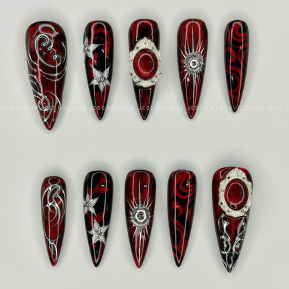 Vampire Glam - Y2K Collection Deep Crimson Red and Black Marble Press-On Nails with Silver Vintage Frame Gem and Celestial Sunburst