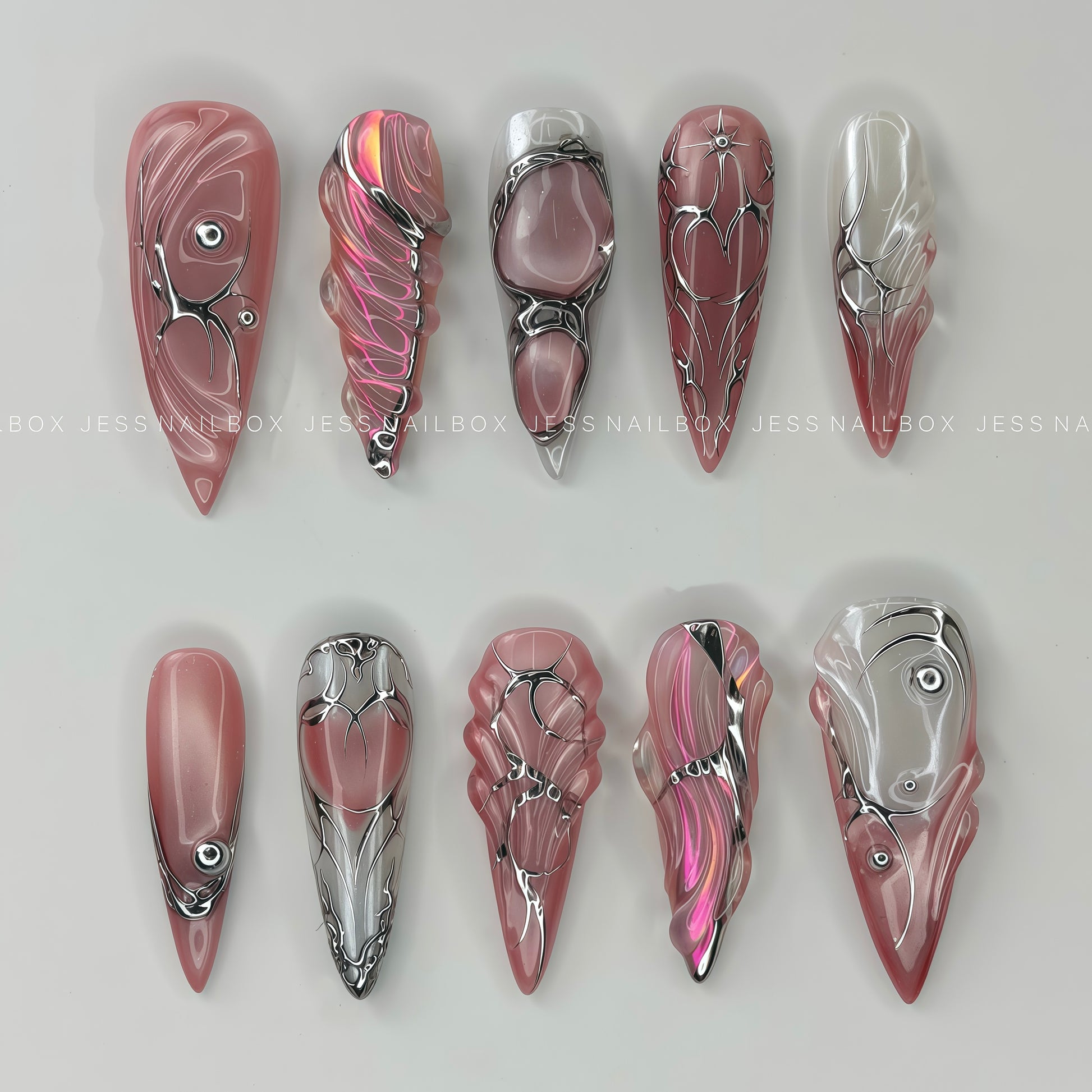 Pink Nebula - Dusty Rose Jelly Press-On Nails with Silver Chrome Heart and Futuristic 3D Sculpted Gel Lines