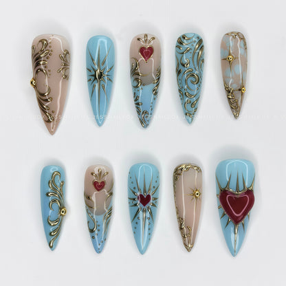 Royal Jasmine Bloom - Baroque Vintage Gold 3D Gel Heart Press-on Nails