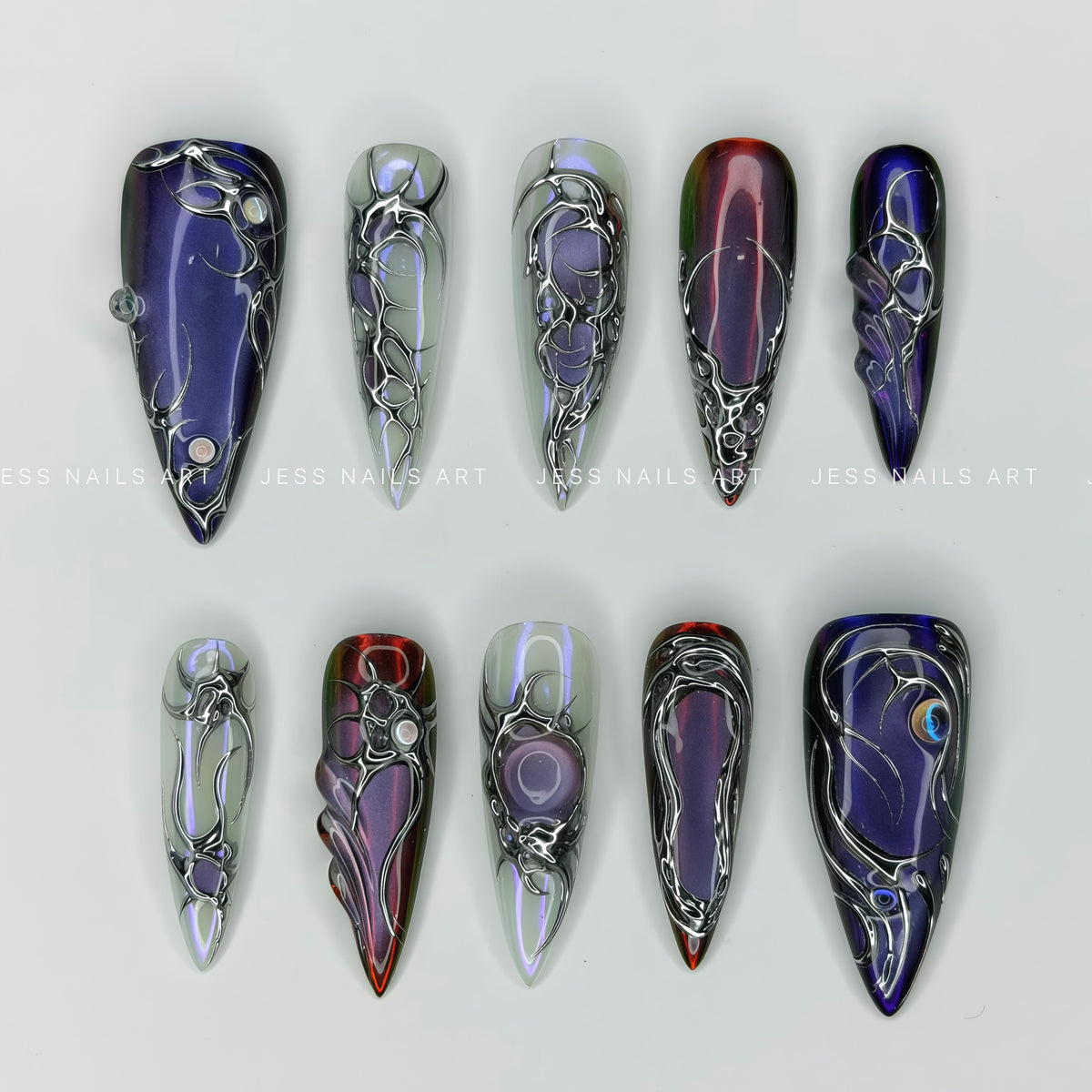 New Era - Futuristic Collection Iridescent Purple and Aurora Chrome Press-On Nails with 3D Silver Liquid Metal Tribal Lines