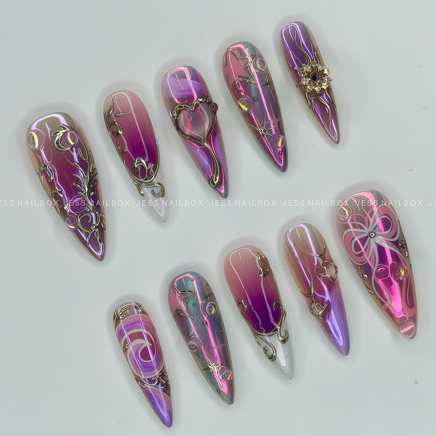 Crystal Harmony Celestial Chrome Stiletto Nails - Y2K Magic Handmade Press-on Nails