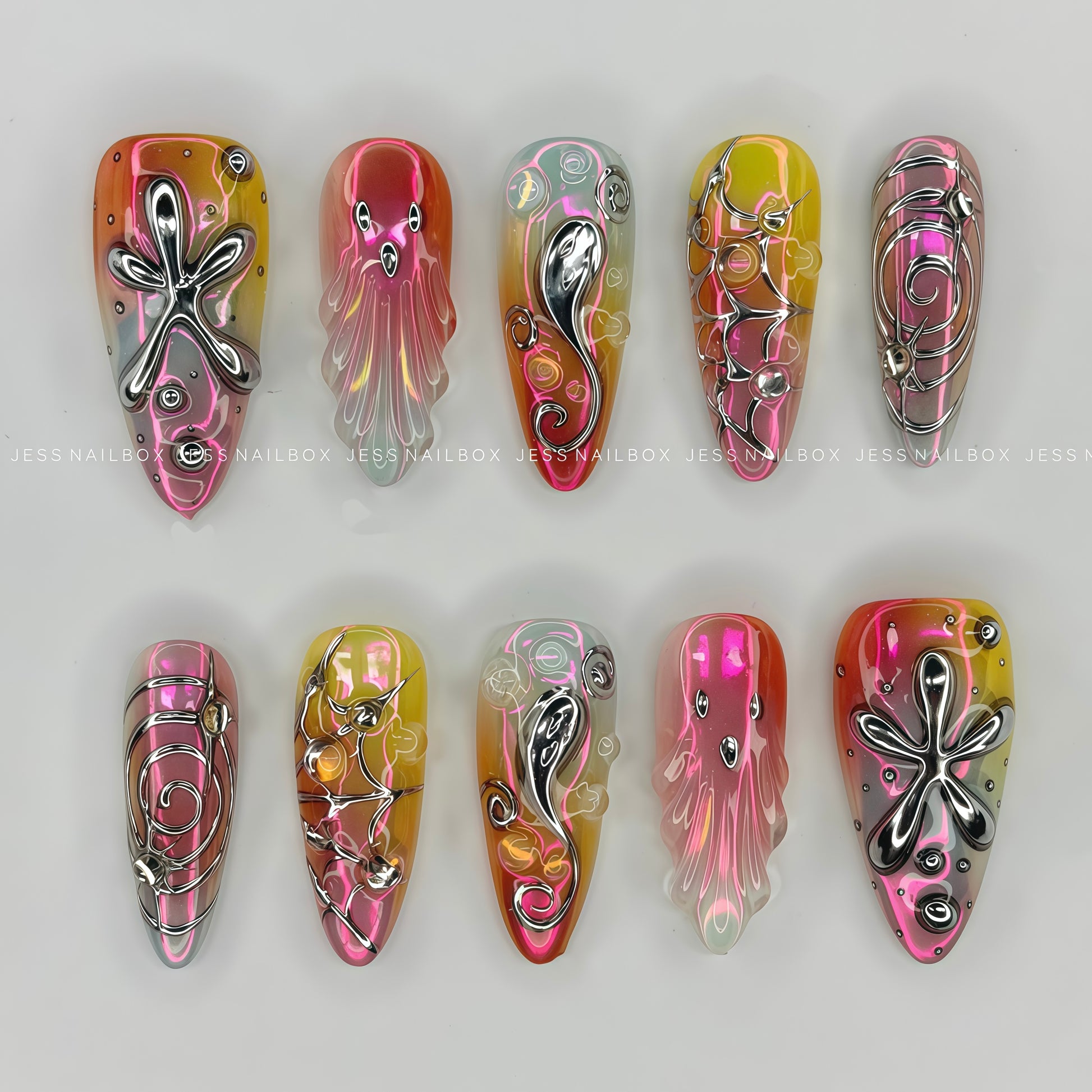 Aetheria Chrome luxury press-on nails featuring Y2K molten silver 3D fluid art and pink yellow aura gradient background.