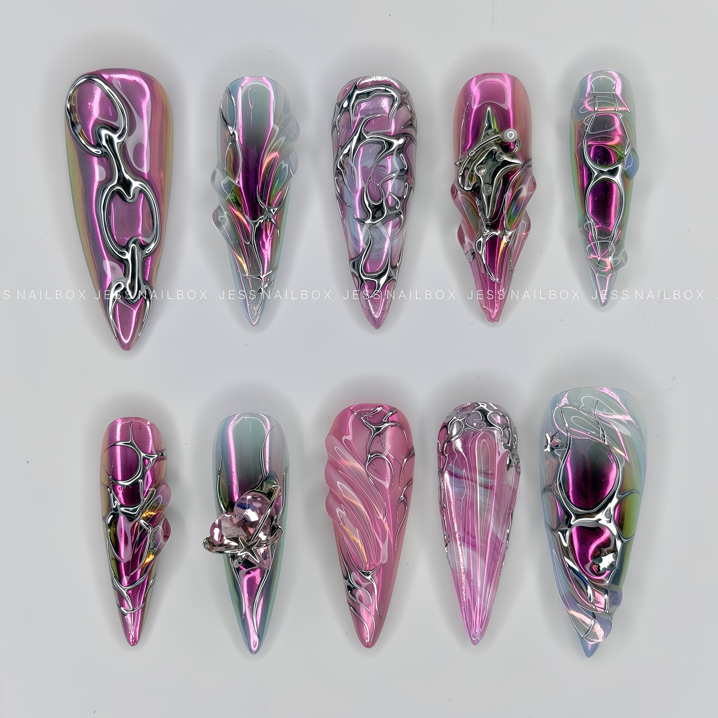 Blush & Onyx Futuristic Armor Nails - Y2K Cyberpunk Handmade Press-on Nails