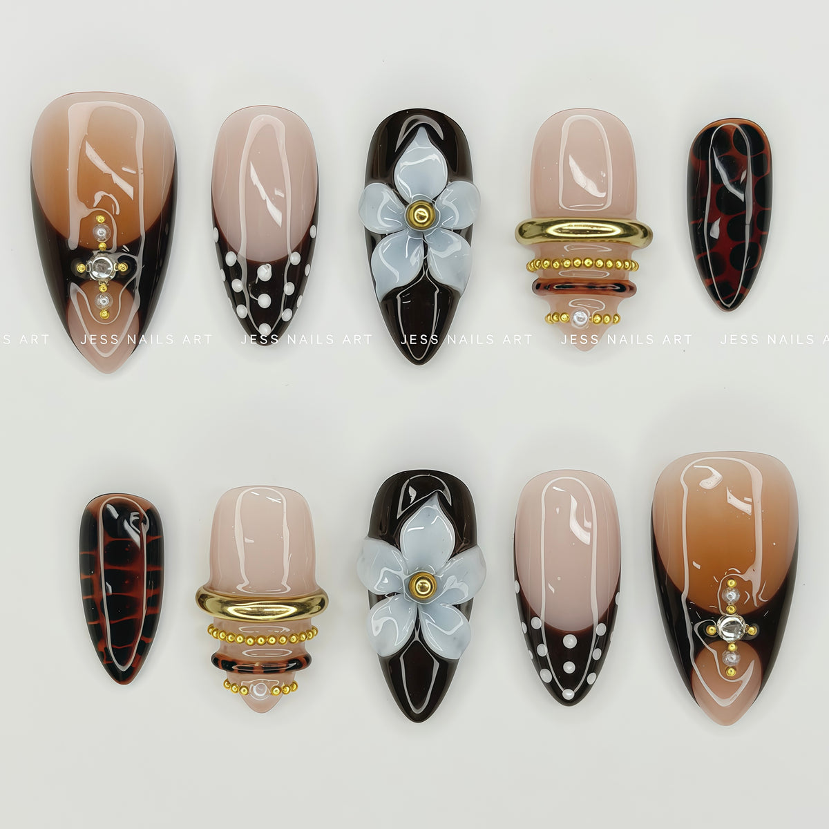 Cafe Nostalgia - Florals Collection Tortoiseshell and Brown Gradient Press-On Nails with 3D White Floral Art, Gold Rings, and Polka Dots