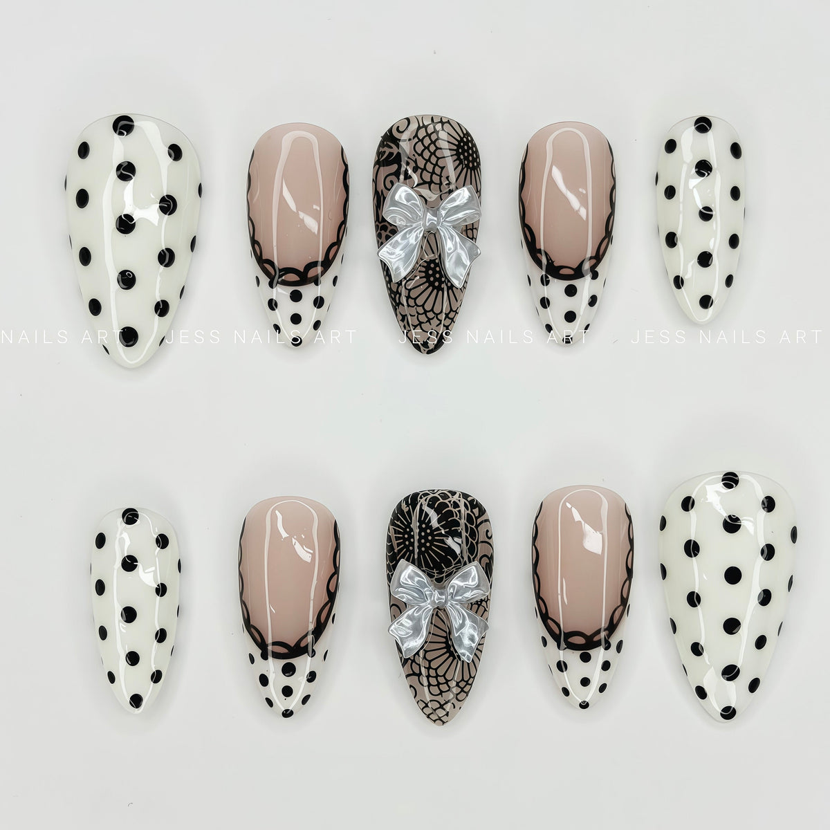 Polka Muse - The Dot Edit Collection Black and White Polka Dot Press-On Nails with Black Floral Lace and 3D Silver Ribbon Bow
