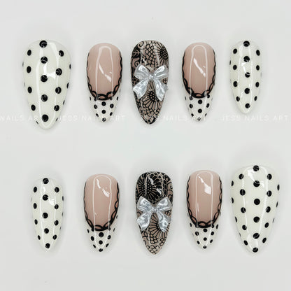 Polka Muse - The Dot Edit Collection Black and White Polka Dot Press-On Nails with Black Floral Lace and 3D Silver Ribbon Bow