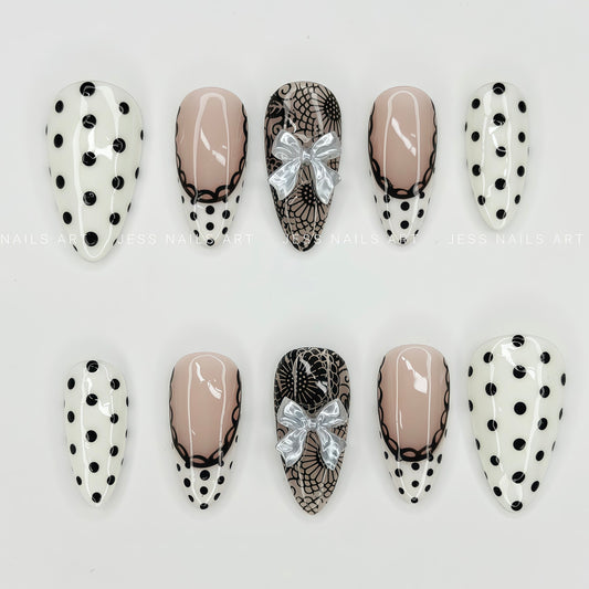 Polka Muse - The Dot Edit Collection Black and White Polka Dot Press-On Nails with Black Floral Lace and 3D Silver Ribbon Bow
