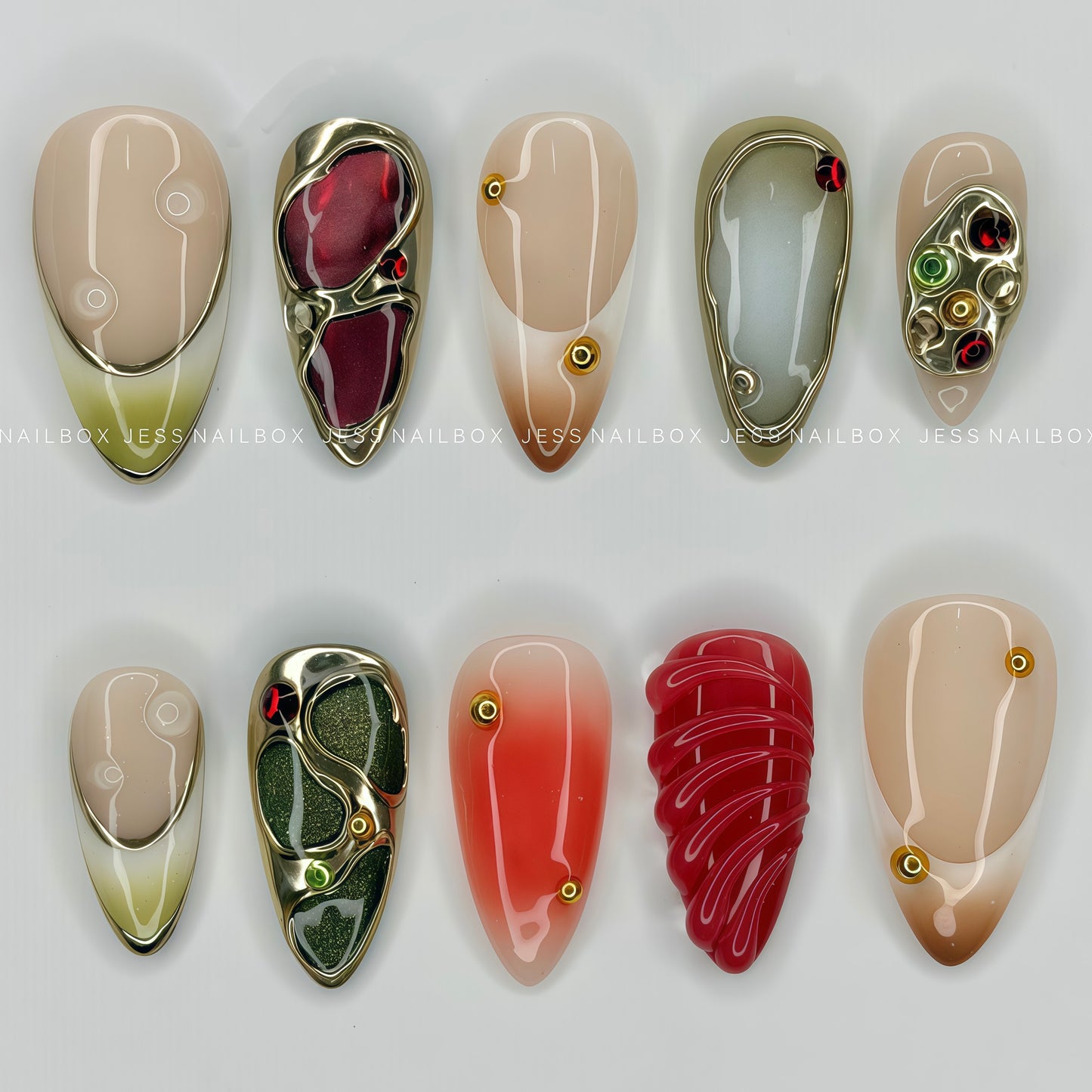Molten Emerald - Luxury Press-On Nails with 3D Gold Chrome Liquid Frames, Emerald Green Gems, and Ruby Red Accents
