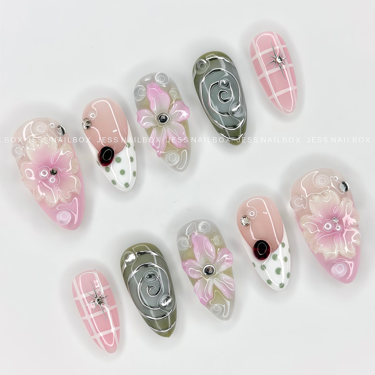 Botanical Coquette - Handcrafted Y2K Cottagecore Gel Press-On Nails Set with Polka Dots and Metallic Chrome Swirls