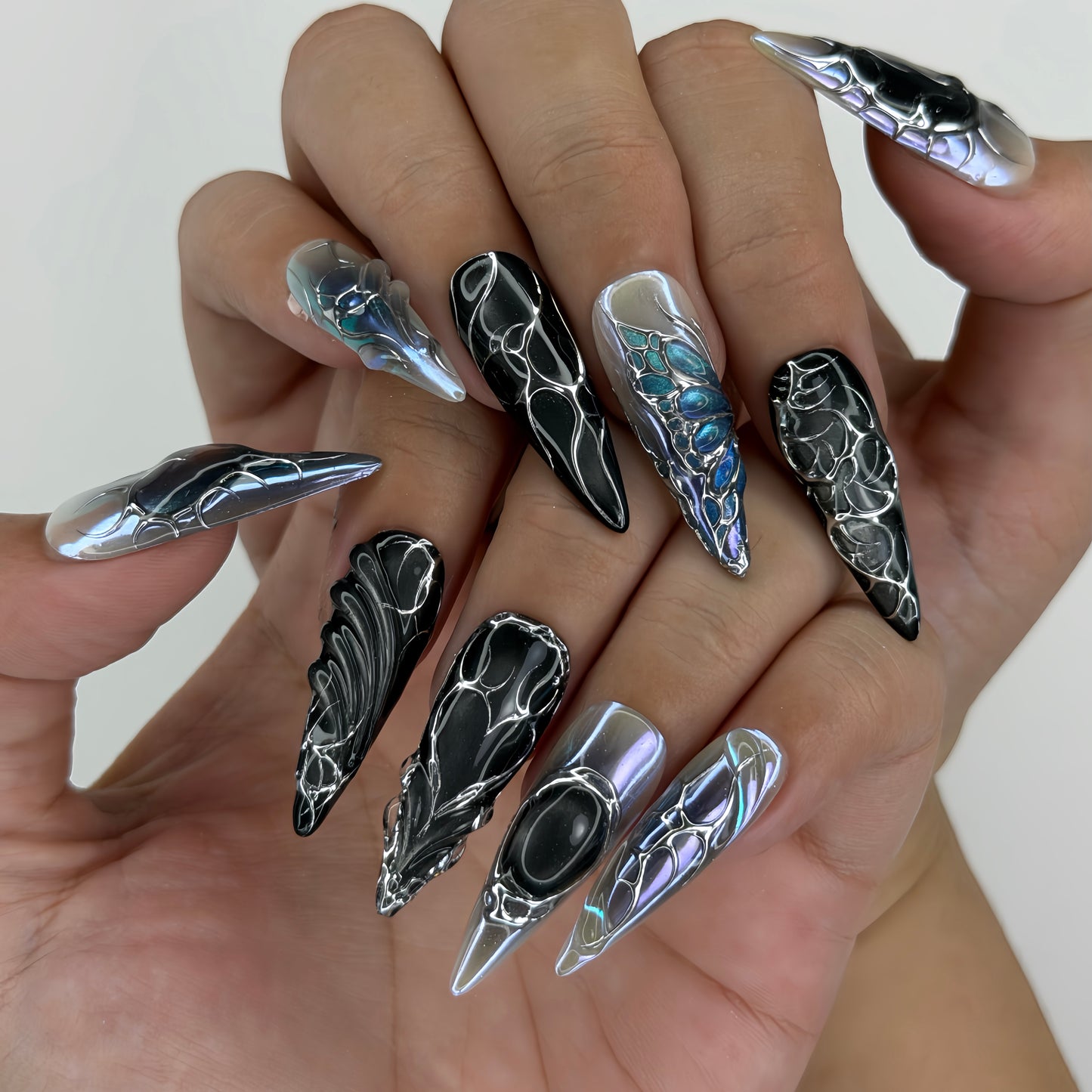 Cyber Eclipse Silver Chrome - Dark Futuristic Handmade Press-on Nails