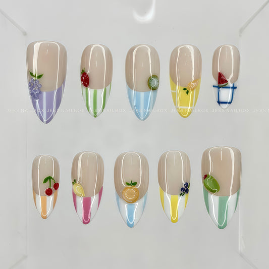 Pastel Fruit Picnic French - Cottagecore Summer 3D Fruit Handmade Press-on Nails