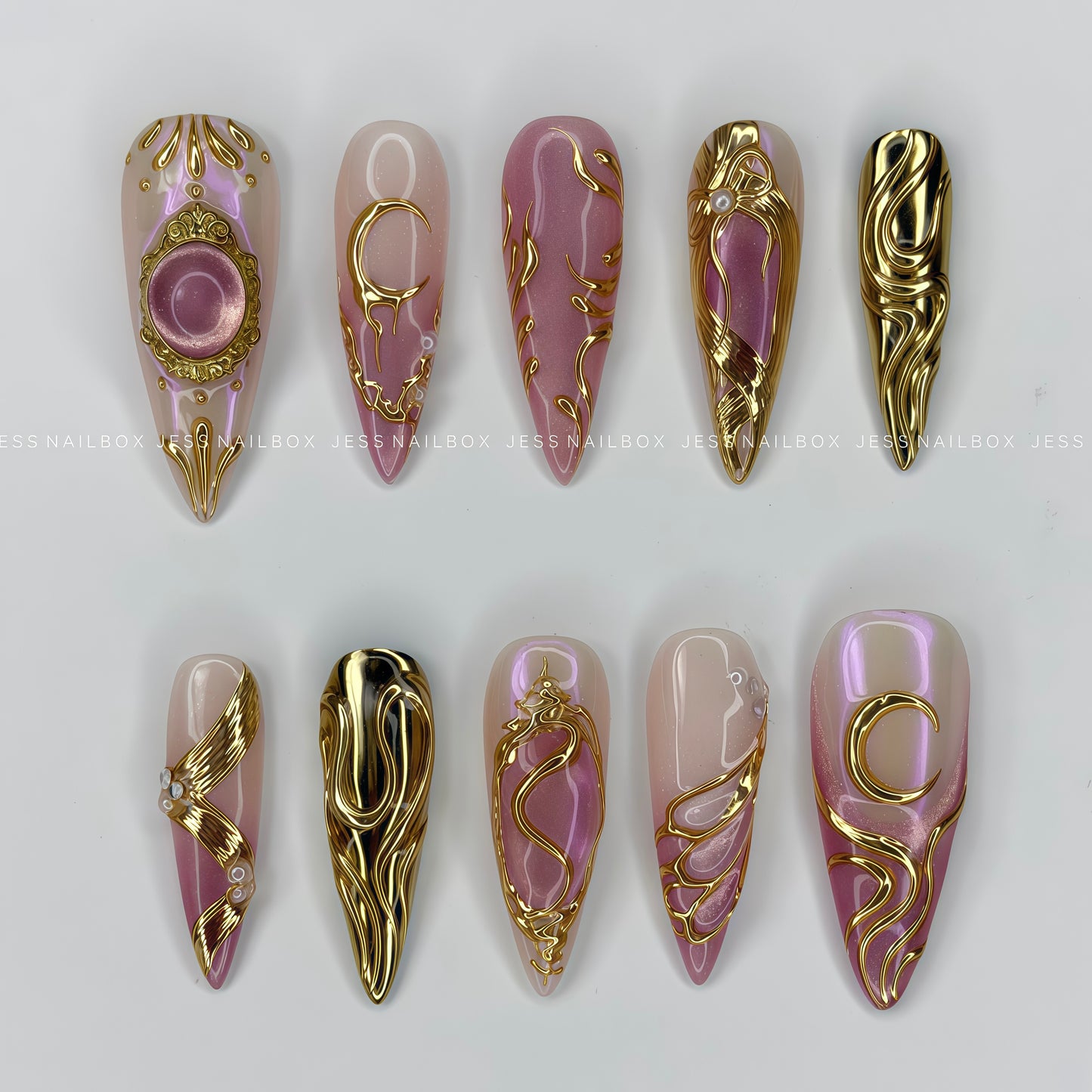 The Lost Princess - Royalcore Pink Aurora & Gold Chrome Handmade Press-on Nails