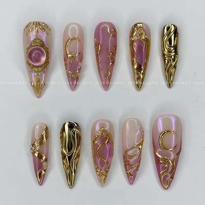 The Lost Princess - Royalcore Pink Aurora & Gold Chrome Handmade Press-on Nails