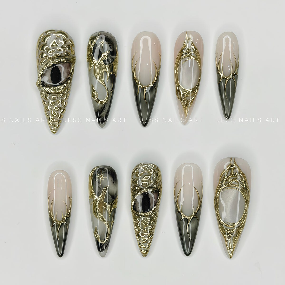 Draconic - Y2K Collection Stiletto Press-On Nails with 3D Dragon Scale Eye, Gold Chrome Tribal Lines, and Smoky Black Marble Base