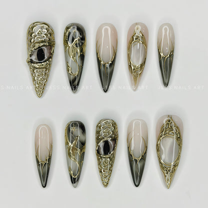 Draconic - Y2K Collection Stiletto Press-On Nails with 3D Dragon Scale Eye, Gold Chrome Tribal Lines, and Smoky Black Marble Base