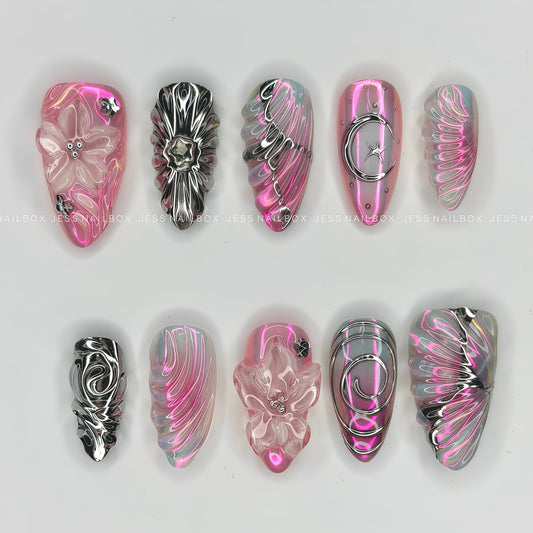 Celestial Flora - Pink Aura Press-On Nails with 3D Sculpted Flower and Silver Chrome Star Art
